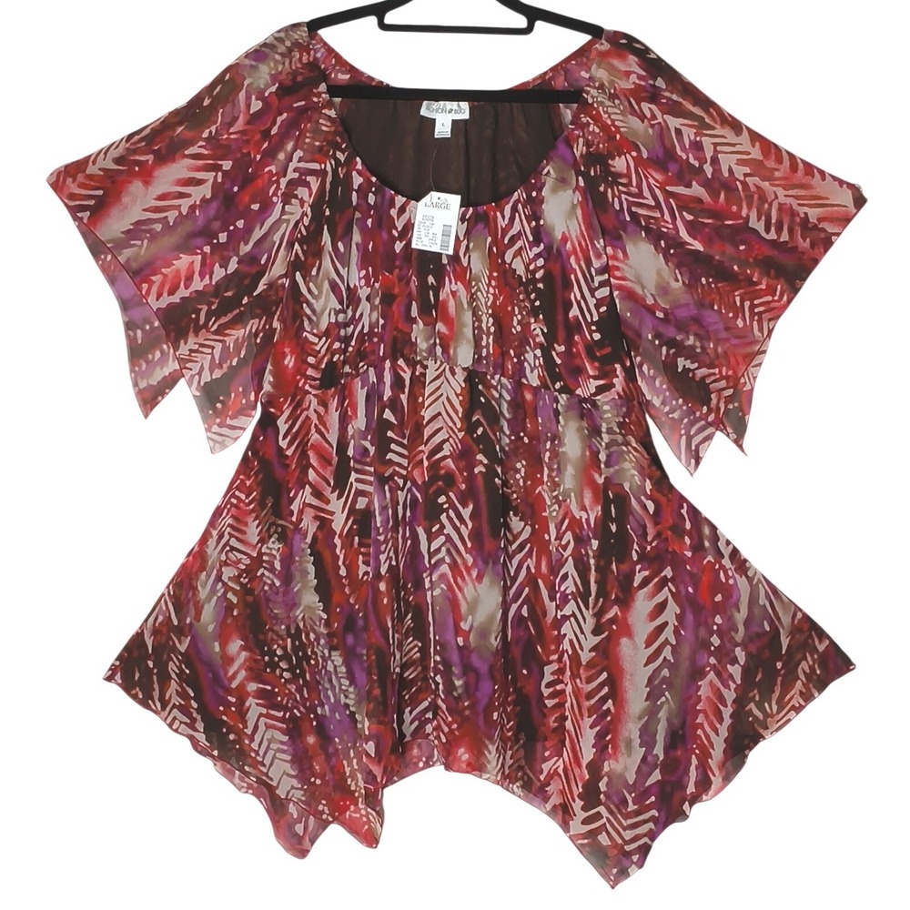 Fashion Bug Tunic Top Womens Large Multicolor Boho Sheer Flutter Sleeve NWT